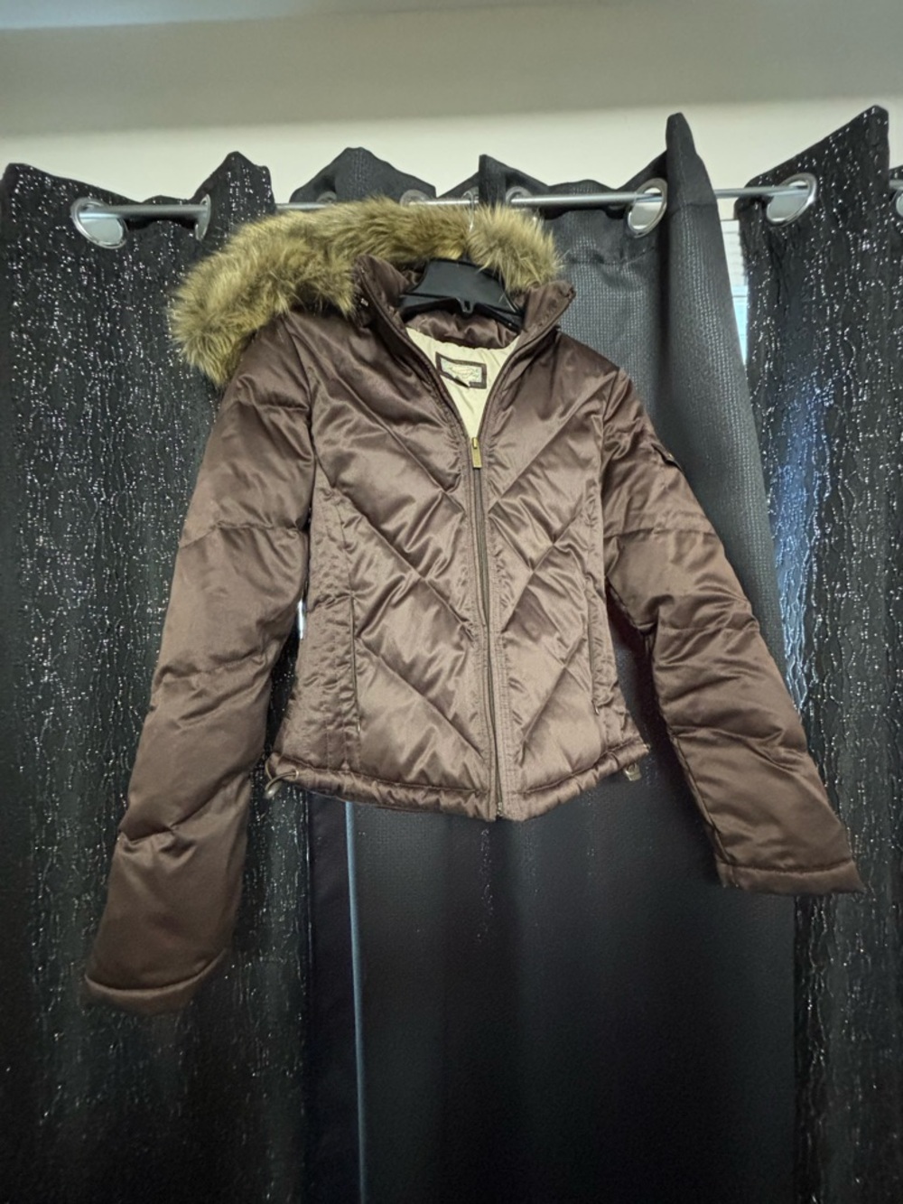 American Rag Brown Quilted Hooded Puffer with Faux Fur Trim